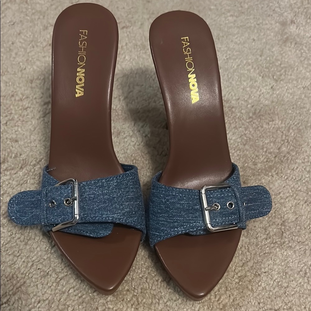 Fashion Nova Blue Denim Mules with Silver Buckle